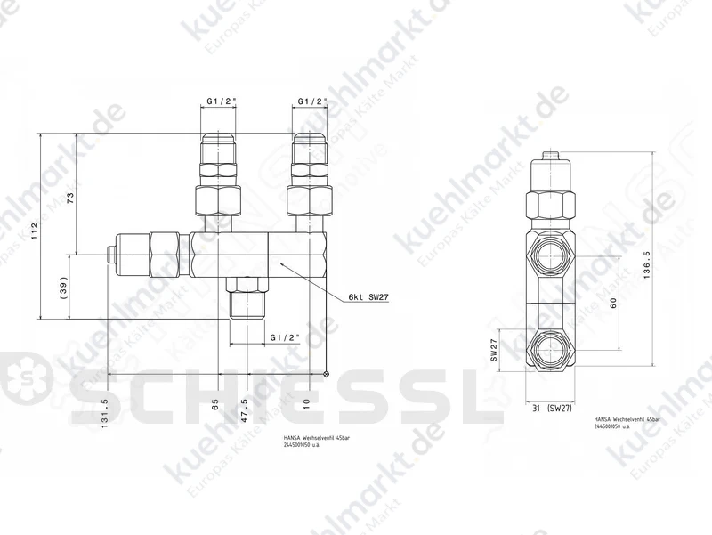 Hansa Wechselventil WVN m.2 Anschlussn.AN R 1/2'' 2445001050
