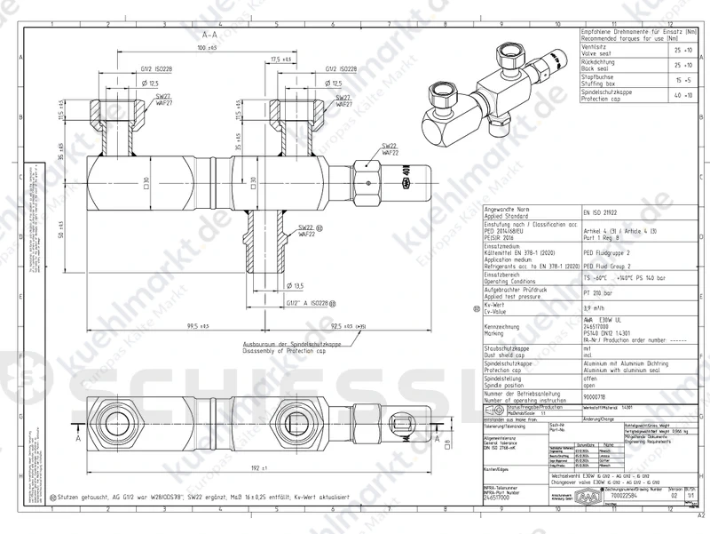 AWA Wechselventil 140bar E30W m. 2 Ausg.G1/2''IG,Eingang G1/2''AG