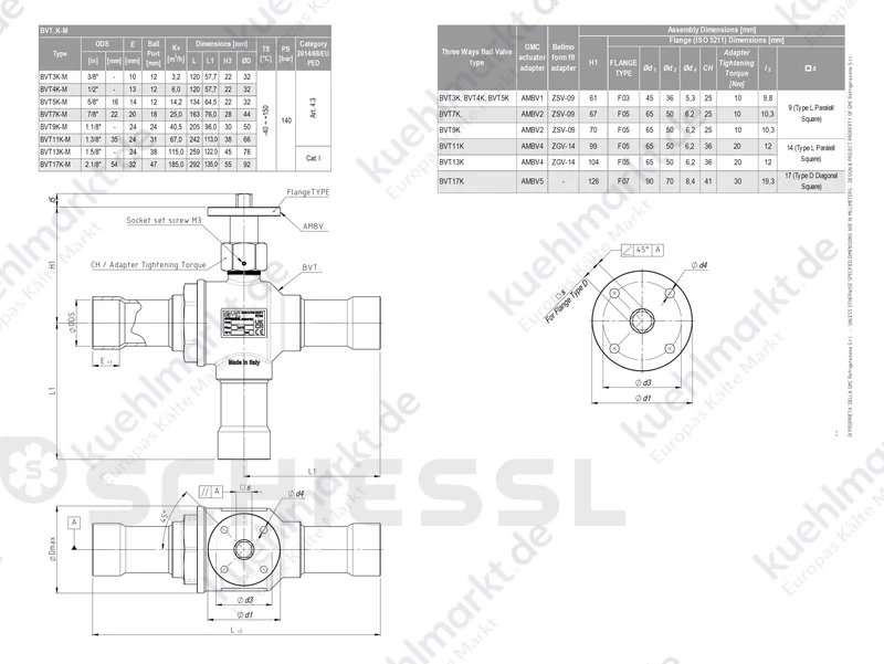 ABR 3Wege Kugelabsperrv. Motorb. 130bar BVT11K-M 1 3/8''Löt Adapter AMBV 4 mont.