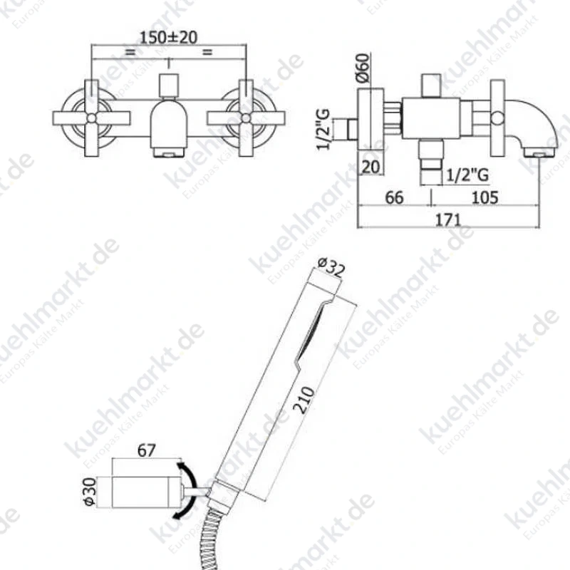 Paffoni Quattro Badewannenarmatur mit Wandhalterung verchromt QTV023CR