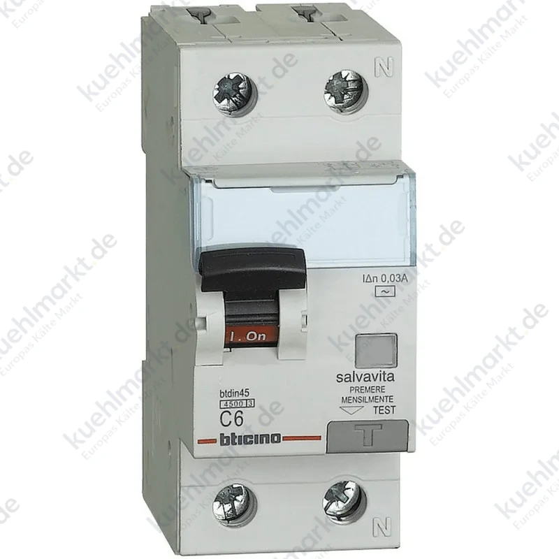 Bticino Fehlerstrom und Leitungsschutzschalter 1P+N AC 6A 4,5kA 30mA GA8813AC6