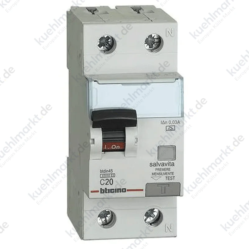 Bticino Fehlerstrom und Leitungsschutzschalter 1P+N 20A 30mA Typ A 4,5kA 2 Module GA8813A20