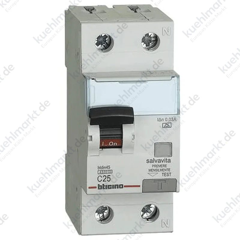 Bticino Fehlerstrom und Leitungsschutzschalter 1P+N 25A 30mA Typ A 4,5kA 2 Module GA8813A25