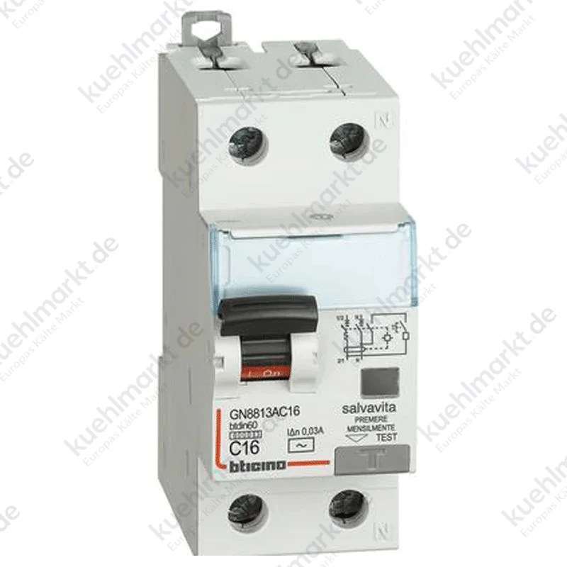 Bticino FI-LS-Schalter 1P+N 16A 30mA AC Typ 6kA 2 Module GN8813AC16