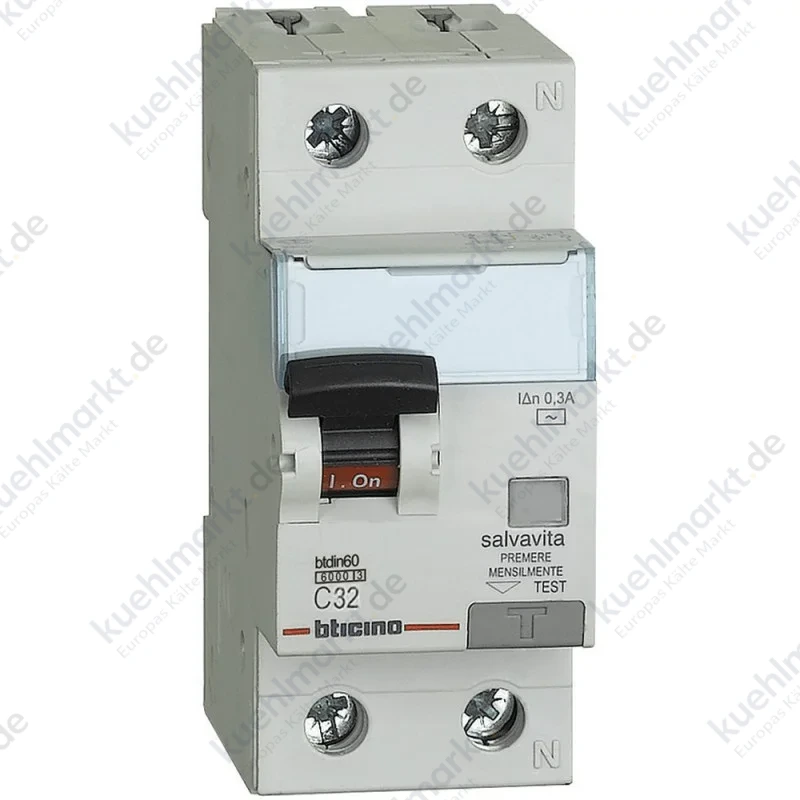 Bticino Fehlerstrom und Leitungsschutzschalter 1P+N 32A 300mA AC Typ 6kA 2 Module GN8814AC32