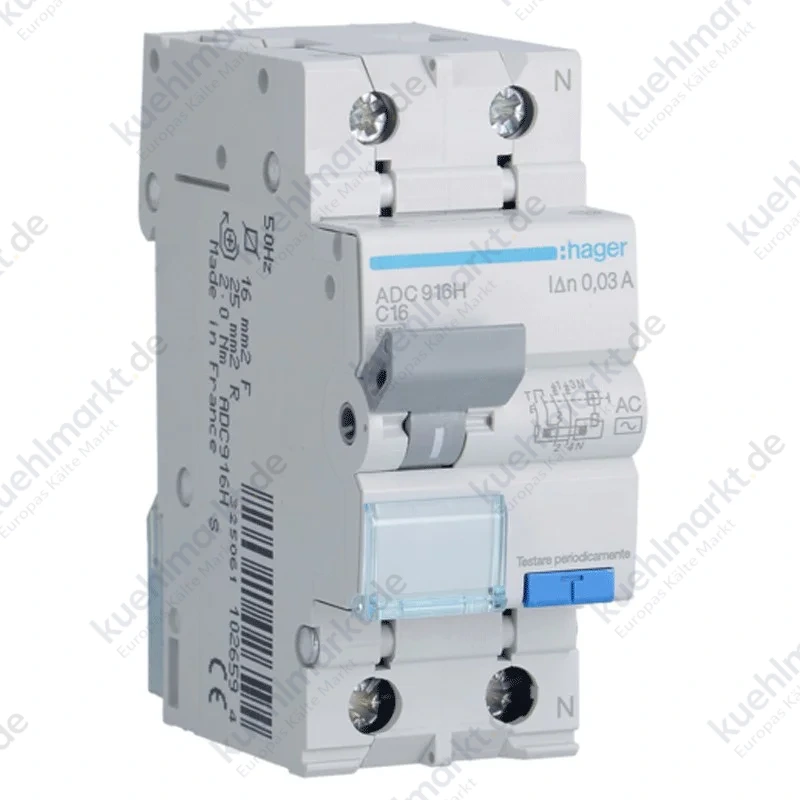 Hager FI/LS-Schalter 1P+N 16A 6kA 30mA Kurve C Typ AC 2M ADC916H