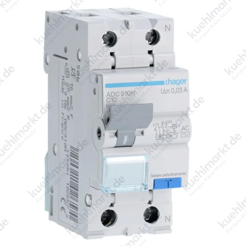 Hager FI/LS-Schalter 1P+N 10A 6kA 30mA Kurve C Typ AC 2M ADC910H
