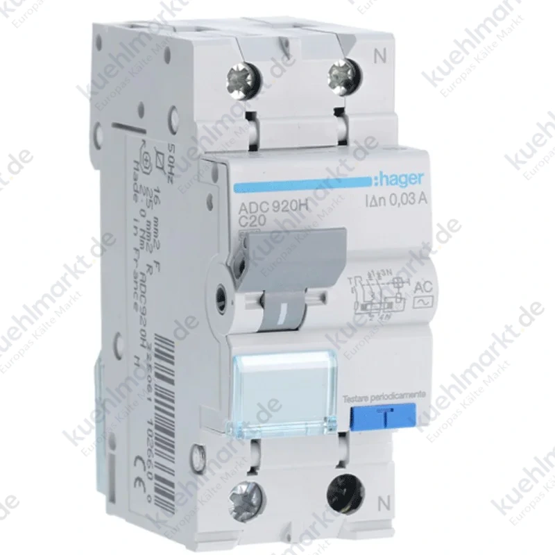 Hager FI/LS-Schalter 1P+N 20A 6kA 30mA Kurve C Typ AC 2M ADC920H