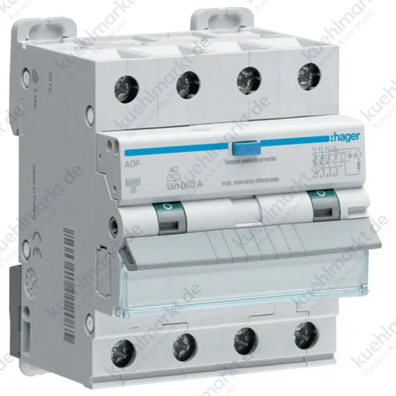 Hager Fehlerstromschutzschalter 4P 10A 6kA 30mA C-Kurve AC Typ 4M ADP460H
