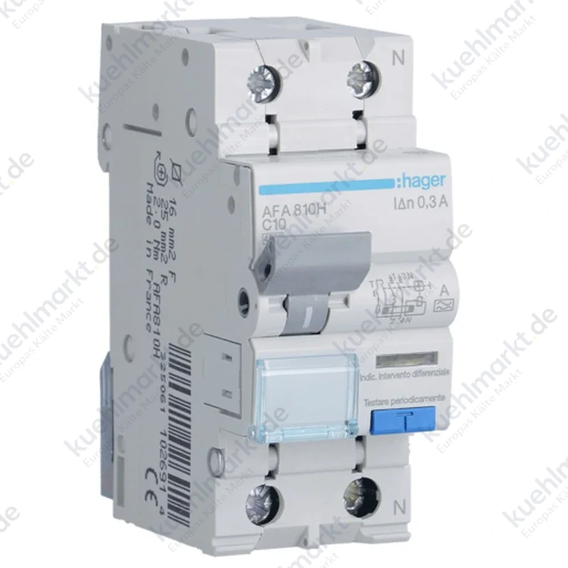 Hager Fehlerstromschutzschalter 1P+N 10A 4.5kA 300mA Kurve C Typ A 2M AFA810H
