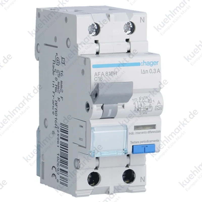 Hager Fehlerstromschutzschalter 1P+N 16A 4,5kA 300mA Kurve C Typ A 2M AFA816H