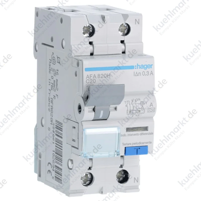 Hager Fehlerstromschutzschalter 1P+N 20A 4,5kA 300mA Kurve C Typ A 2M AFA820H