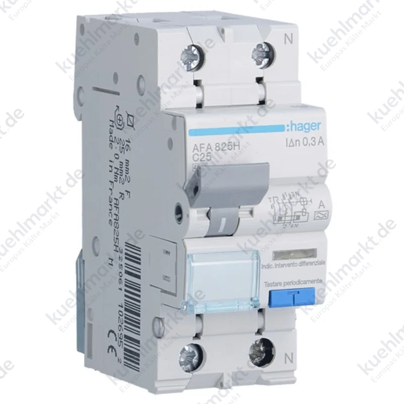 Hager Fehlerstromschutzschalter 1P+N 25A 4,5kA 300mA Kurve C Typ A 2M AFA825H