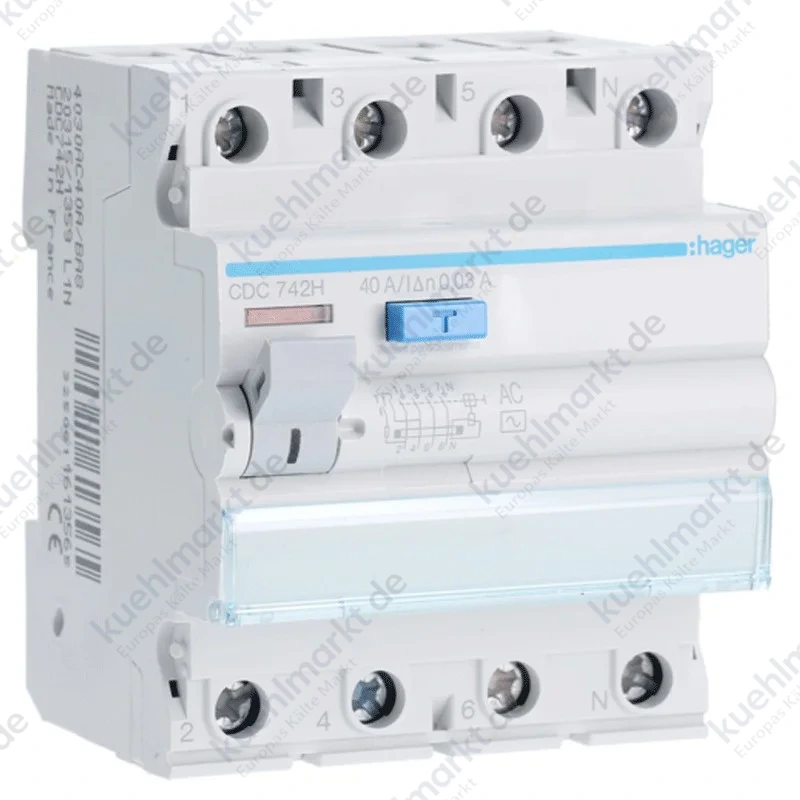 Hager Fehlerstrom-Schutzschalter 4P 40A 30MA AC 4 Module CDC742H