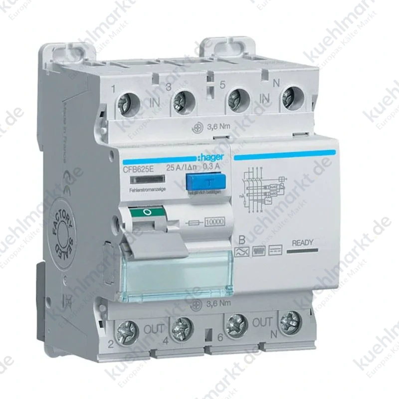 Hager Fehlerstrom und Leitungsschutzschalter 4P 25A 300MA B 4 Module CFB625E