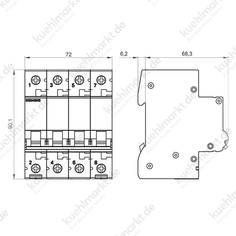 Leistungsschalter Siemens 16A 4P 6kA Typ C, für 4 Module