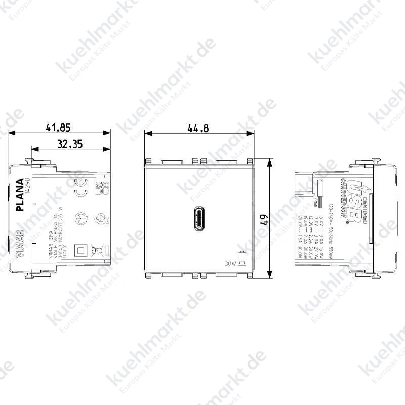 Vimar Plana USB-Steckdose 30W 2 Module Weiß 14298