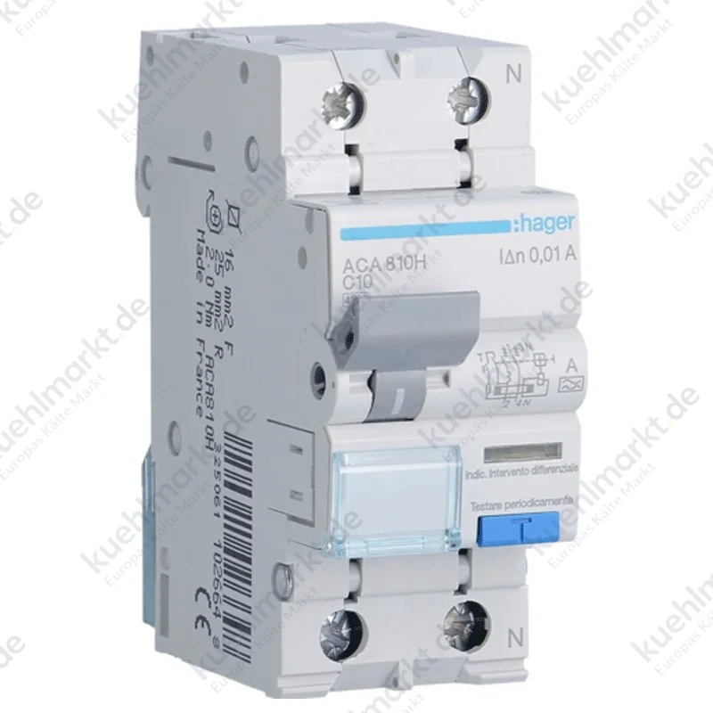 Hager Fehlerstromschutzschalter 1P+N 10A 4.5kA 10mA Kurve C Typ A 2M ACA810H