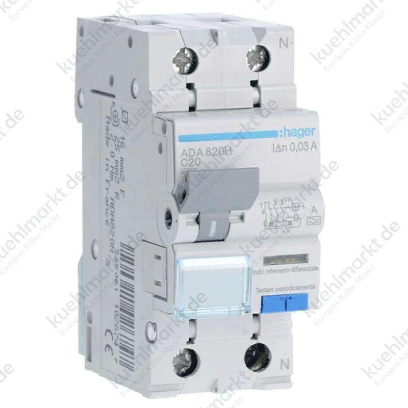 Hager Fehlerstromschutzschalter 1P+N 20A 4,5kA 30mA Kurve C Typ A 2M ADA820H