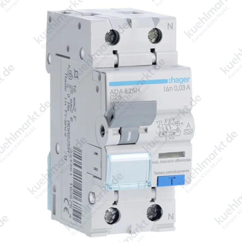 Hager Fehlerstromschutzschalter 1P+N 25A 4,5kA 30mA Kurve C Typ A 2M ADA825H