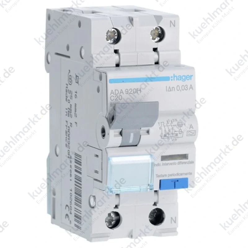 Hager Fehlerstromschutzschalter 1P+N 20A 6kA 30mA Kurve C Typ A 2MADA920H