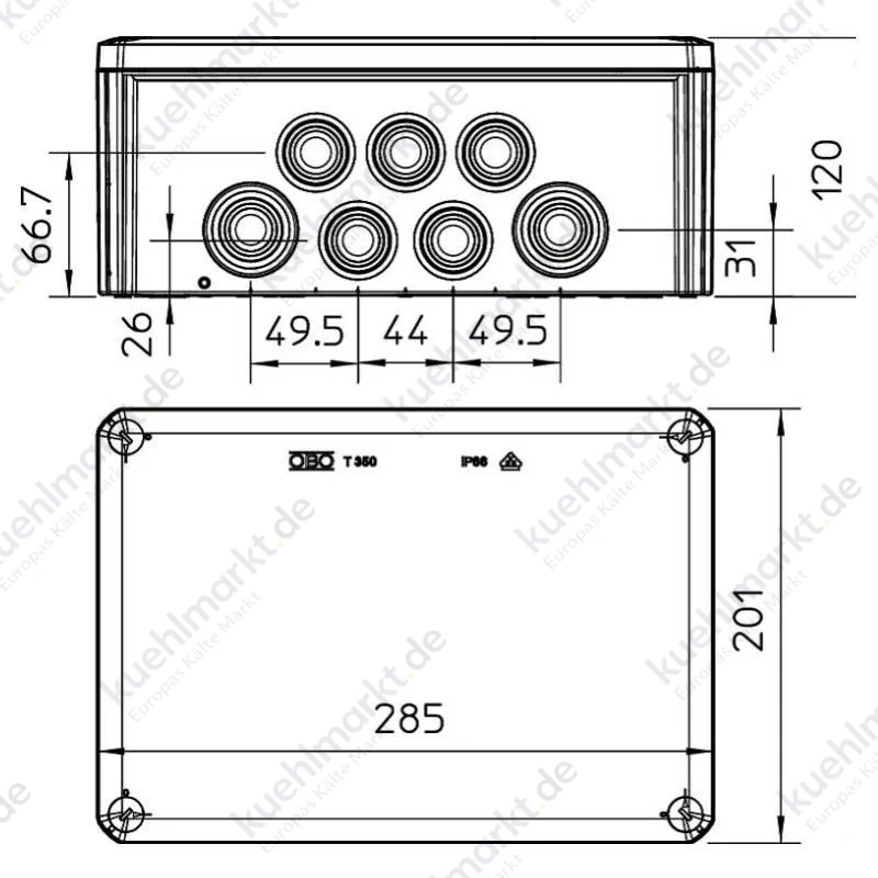 Obo T350 Abzweigdose für den Außenbereich IP66 285x201x120 mm grau 2007125