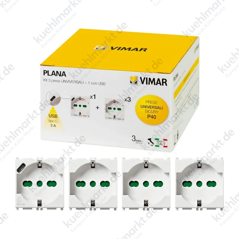 Vimar Plana 2P+E 16A Steckdosen-Kit + 1 USB C Steckdose 15W Weiß 0K14210