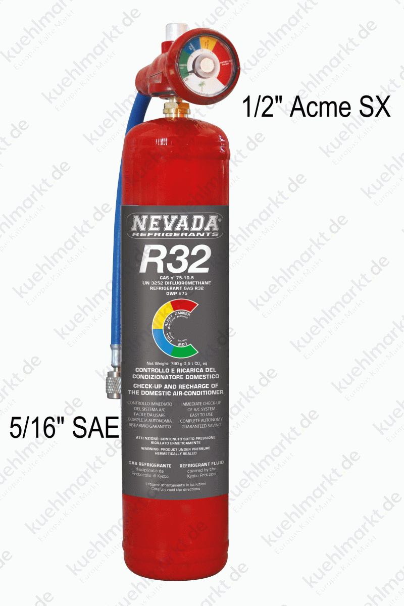 800-Gramm-Flasche mit R32-Gas, Manometer und Schlauch mit 5/16"-Anschluss