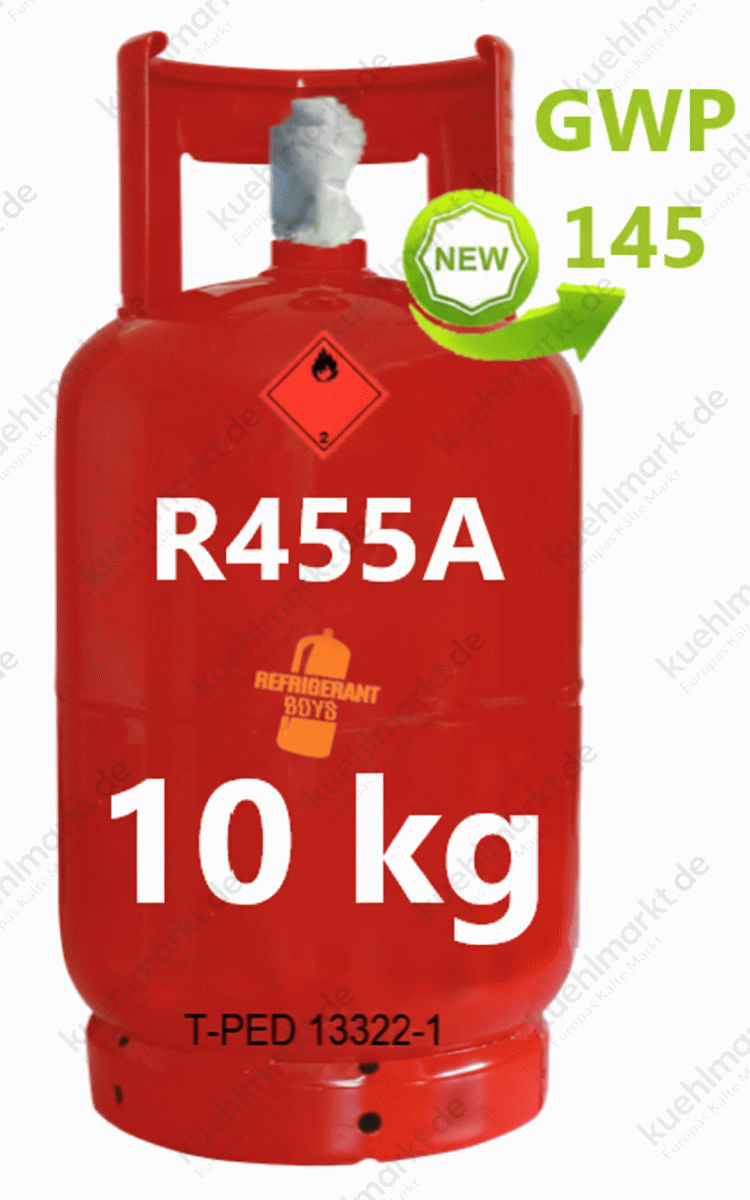 Wiederbefüllbare 10 kg Flasche, T-PED / EN 13322-1 zertifiziert – Kältemittel R455A. Ventilanschluss: W 21.8 x 1/14